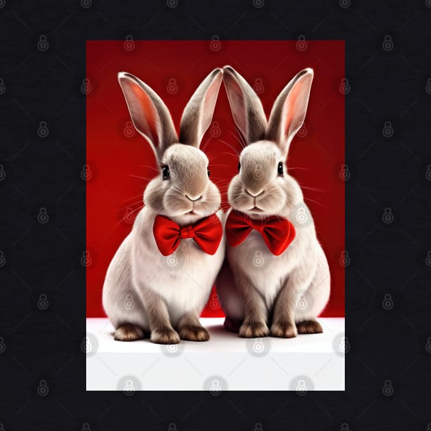 Adorable Rabbits in Red Bows - Cute Animal Print for Bunny Lovers by Whimsical Animals